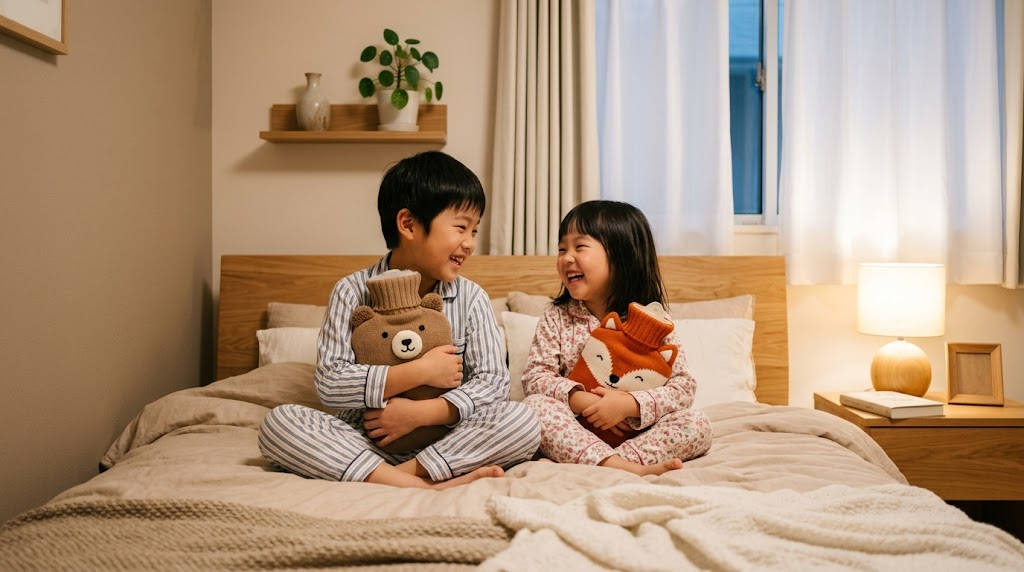 クマとキツネの湯たんぽを抱っこする兄と妹