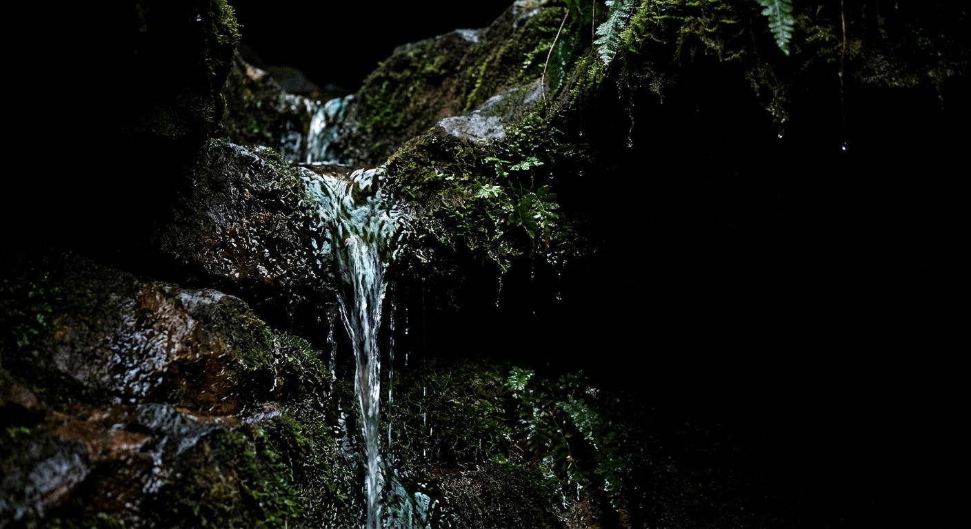 暗闇のなかで、苔むした岩背を流れ落ちる小さな滝
