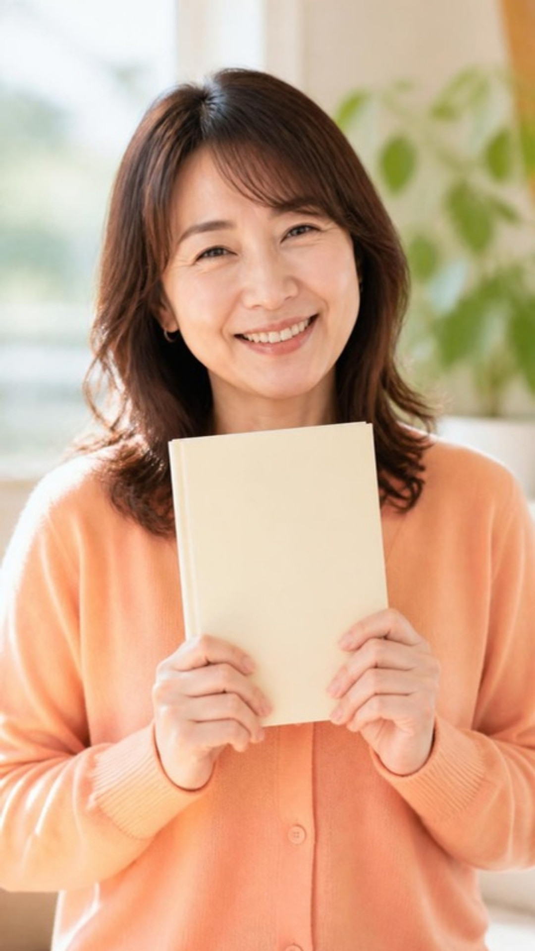届いた本を手にほほえむ女性（AI生成のイメージ写真）