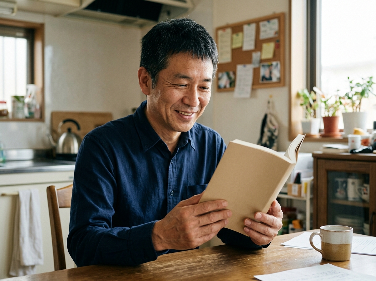 届いたばかりの本を手に、うれしそうにほほえむ男性