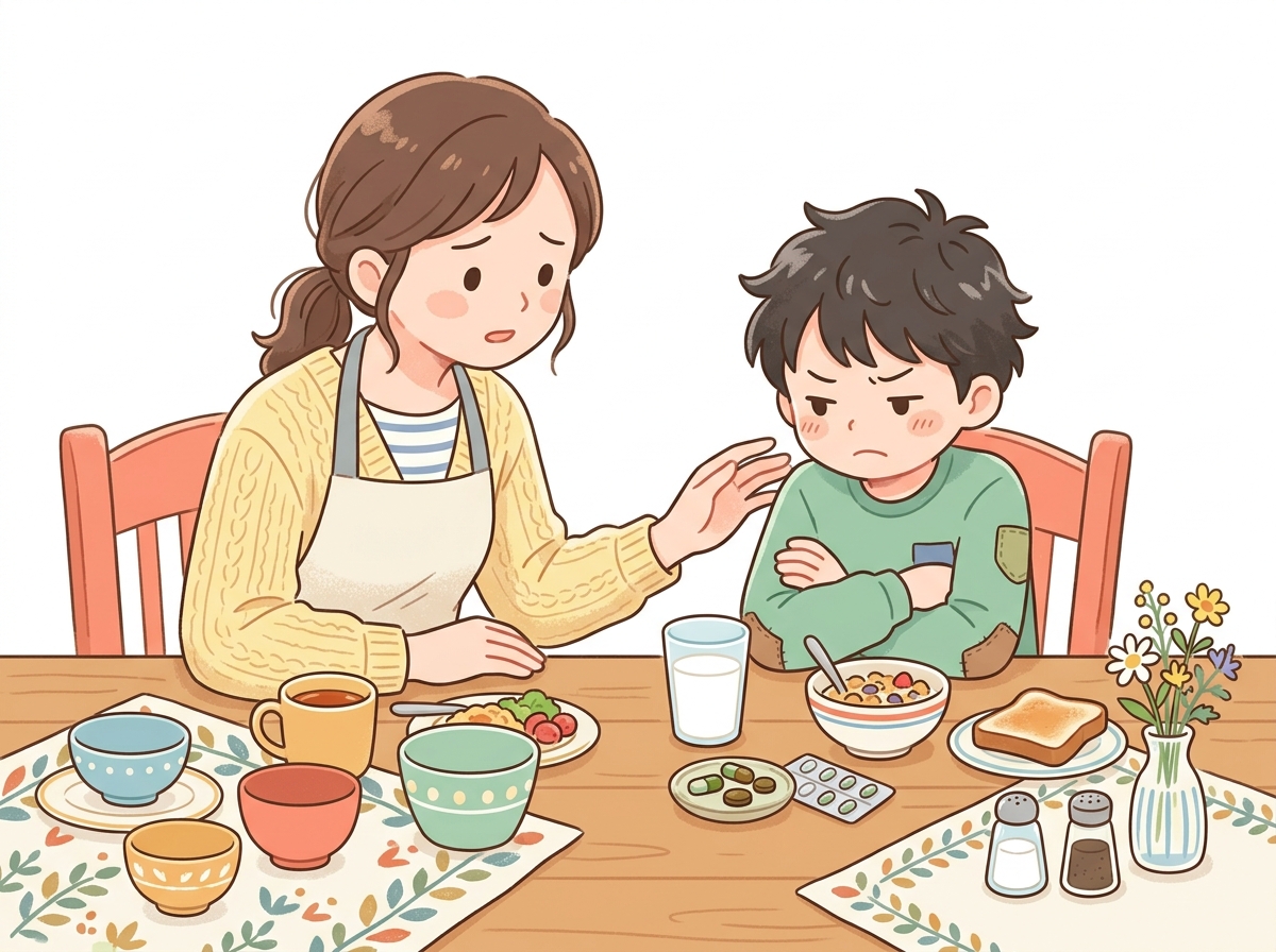 朝の食卓で、牛乳やサプリを嫌がる男の子と、心配するお母さん